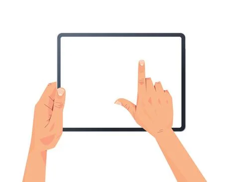 Human hands holding tablet pc with blank touch screen using digital device 스톡 일러스트