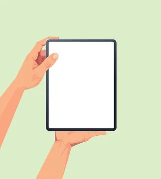 Human hands holding tablet pc with blank touch screen using digital device co Stockillustratie