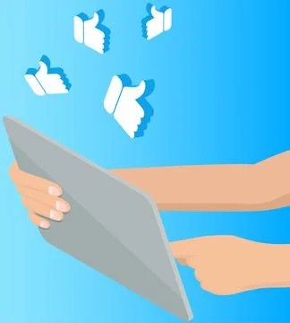 Human hands holding tablet pc pointing with finger to screen, ok icons on blue Stockillustratie