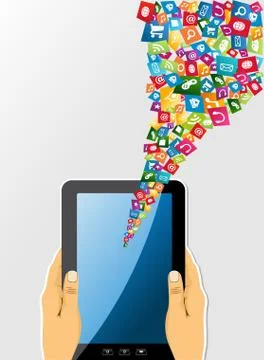 Human hands holds tablet pc with app icons. Illustrazione stock