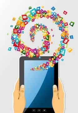 Human hands holds tablet pc app icons. Illustrazione stock