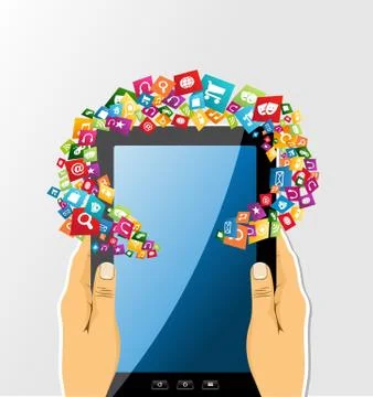 Human hands holds tablet pc app icons. Illustrazione stock