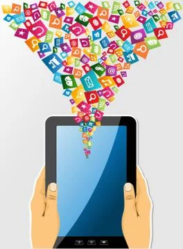 Human hands holds a tablet pc social media icons. Stock Illustration