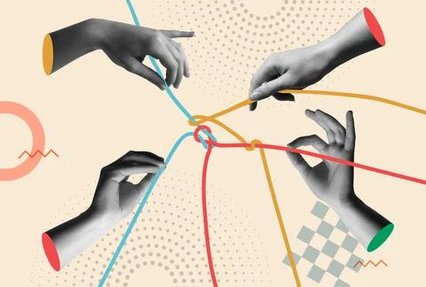 Human hands joined by rope in 80s retro collage vector illustration Stock Illustration