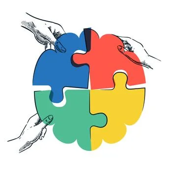 Human hands joining brain shape colorful puzzle. Vector hand drawn sketch ill Stock Illustration