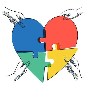 Human hands joining heart shape colorful puzzle. Vector hand drawn sketch ill Illustrazione stock