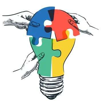 Human hands joining light bulb shape colorful puzzle. Vector hand drawn sketc Stock Illustration