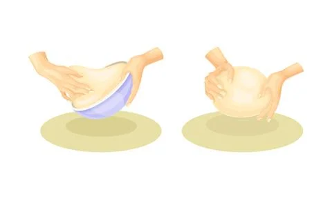 Human hands kneading dough at kitchen table. Bakery, kneading pastry for cookies Stock Illustration
