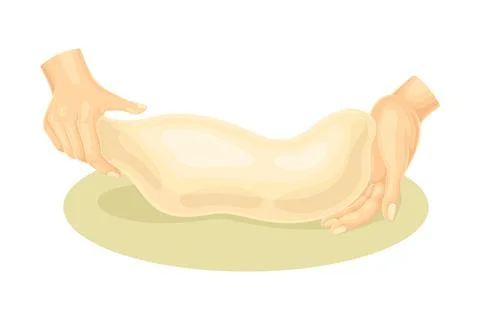 Human hands kneading dough. Process of cooking pasta, bread, pizza. Bakery Stock Illustration
