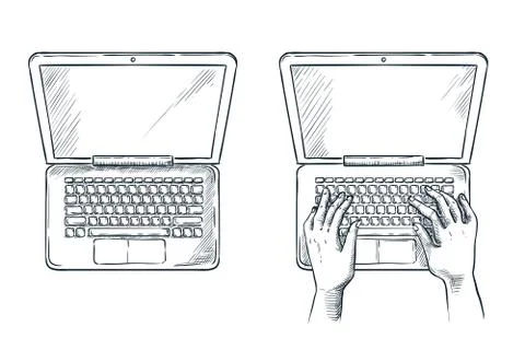 Human hands on laptop keypad, vector sketch illustration. Freelance job, prog Illustrazione stock
