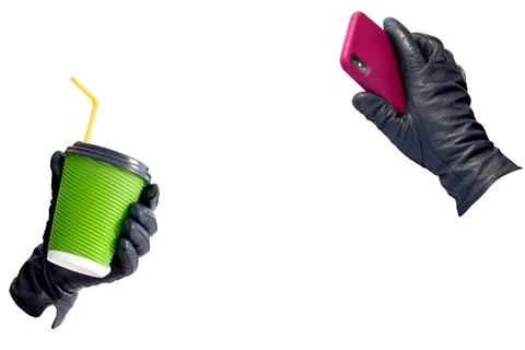 Human hands in leather gloves with mobile phone and disposable cup Stock Illustration