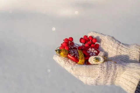 Human hands with open palms in white knitted mittens holding decorative new y Stock Photos