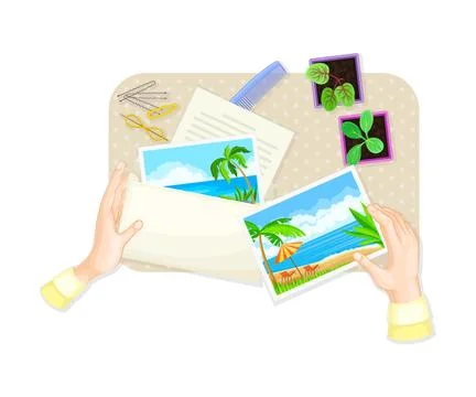 Human Hands Opening Envelope with Postal Card and Letter at Table Above View Ilustração Stock