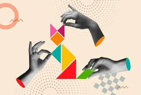 Human hands play tangram puzzle in retro collage vector illustration Stock Illustration
