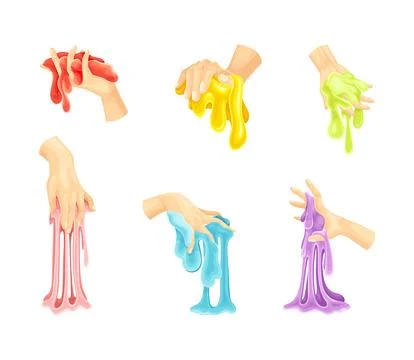 Human hands playing and stretching slime set. Slimy toy for kids cartoon vector Stock Illustration
