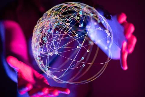 Human hands presenting the virtual projection of global network Stock Illustration