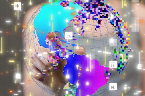 Human hands presenting the virtual projection of global network Illustrazione stock