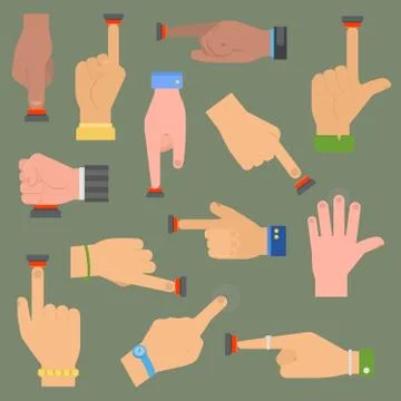 Human hands press red button vector finger control start up arm push pointer Illustrazione stock