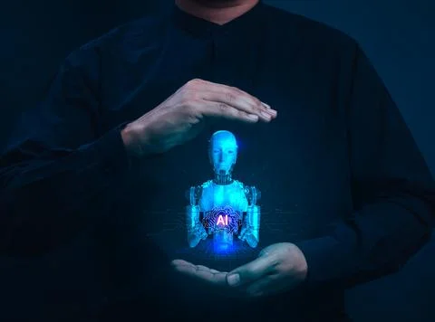 Human hands protecting and control AI robot hologram. Responsible AI, artif.. 写真素材