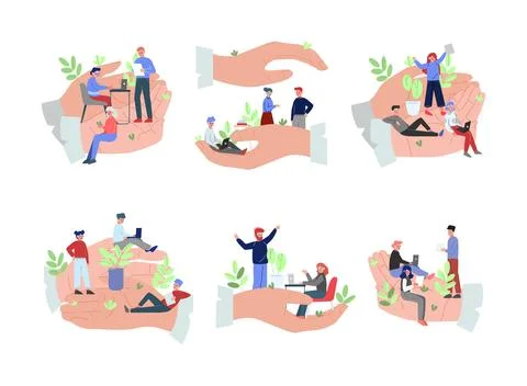 Human hands protecting people set. Business people working with laptop computers Stock Illustration