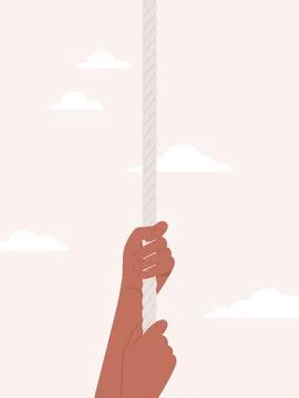 Human hands pulling the rope from above on a beige cloudy background Stock Illustration