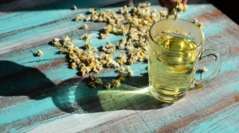 Human hands putting chamomile flowers in a transparent cup of herbal tea Video stock 64481409