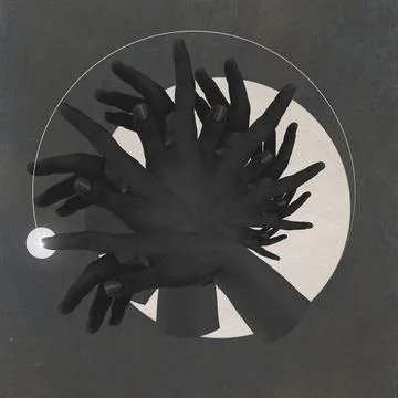 Human hands reaching bright light in surreal geometric collage Stock Illustration