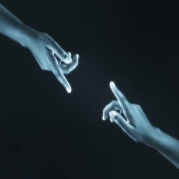 Human hands reaching for each other digital connection Stock Photos