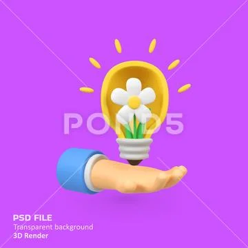 Human hands receive light bulbs and flowers isolated 3d render icon illustr.. Modello PSD