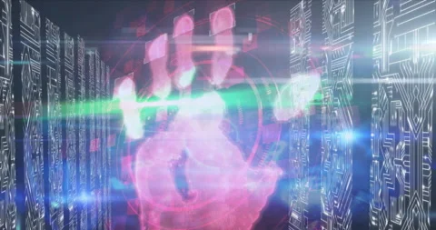 Human hands scanning against microprocessor connections on blue background Vídeo Stock 150453171