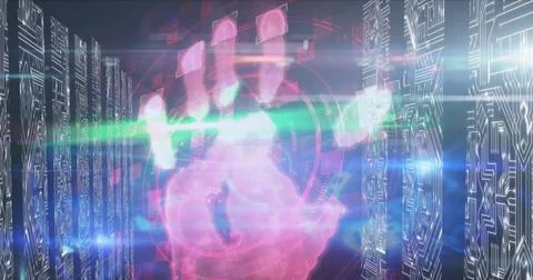 Human hands scanning against microprocessor connections on blue background 스톡 일러스트
