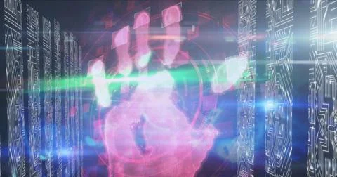 Human hands scanning against microprocessor connections on blue background 스톡 사진