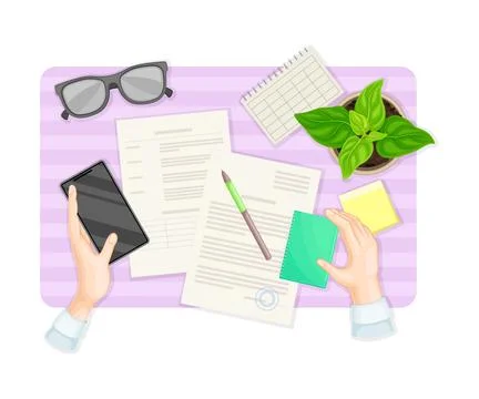 Human Hands Signing Document and Filling up Form at Desk with Notepad and Stock Illustration