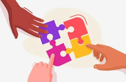 Human hands solve jigsaw puzzle. Concept of team, cooperation. Flat cartoon イラスト素材
