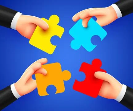 Human hands solve jigsaw puzzle. Concept of team, cooperation. 3d cartoon style. イラスト素材