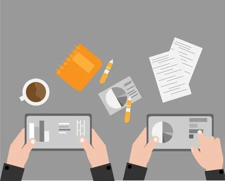 Human hands on a table with documents. data analysis, reporting. Stock Illustration