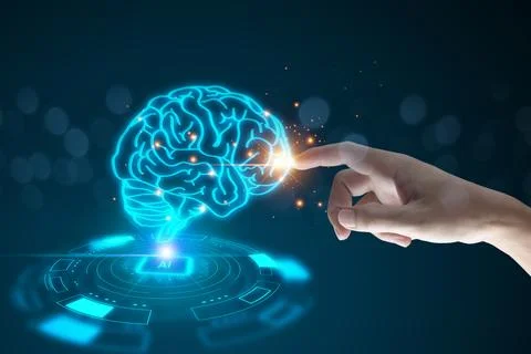 Human hands touch connect on Virtual brain Stock Photos