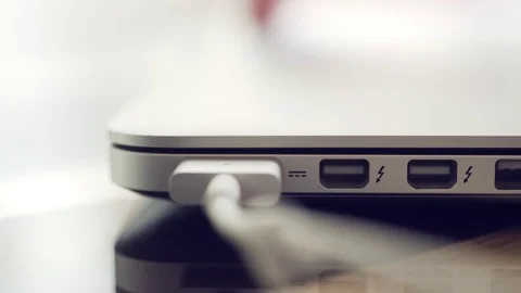 Human hands turn on and open laptop pc.Power cable blink Stock-Footage 78541256