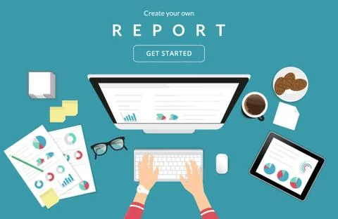 Human hands typing on the computer keyboard financial report Stock Illustration