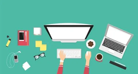 Human hands typing on the computer keyboard financial report Stock-Illustration