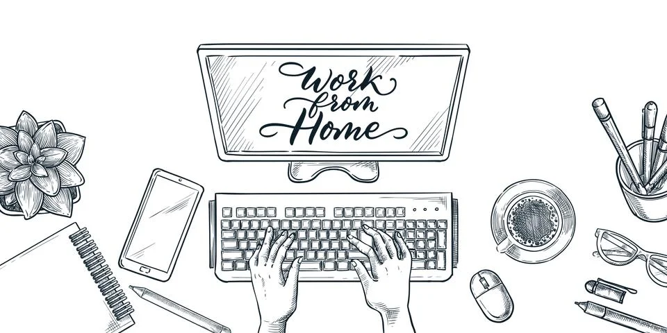 Human hands typing on keyboard, vector sketch top view illustration. Work at Stock Illustration