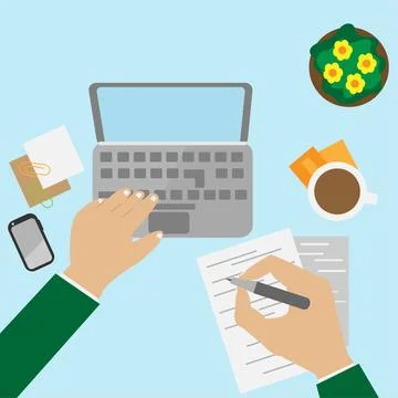 Human hands using computer and writing on paper isolated on blue background. Stock Illustration