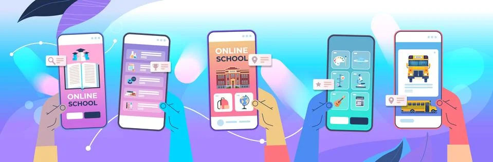 Human hands using digital mobile app distance education online school e-learning Stock Illustration