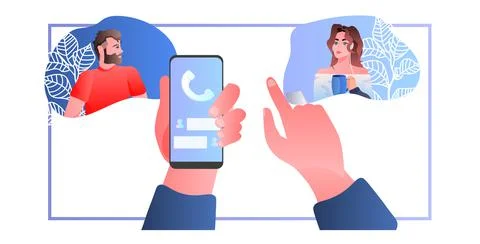 Human hands using mobile app people discussing during video call virtual Stock Illustration
