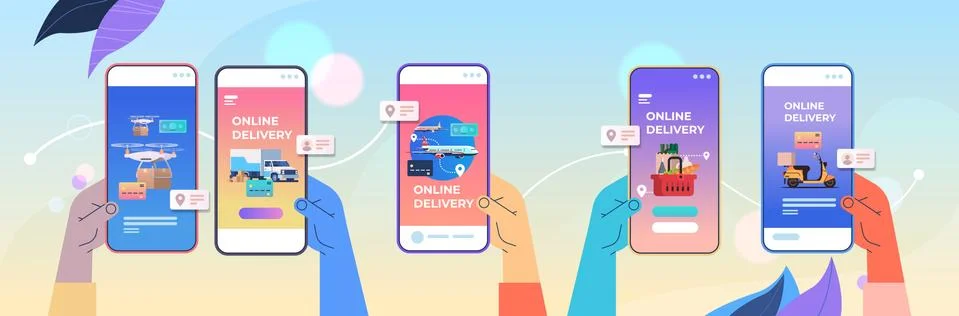 Human hands using mobile app for ordering goods fast delivery service online 스톡 일러스트