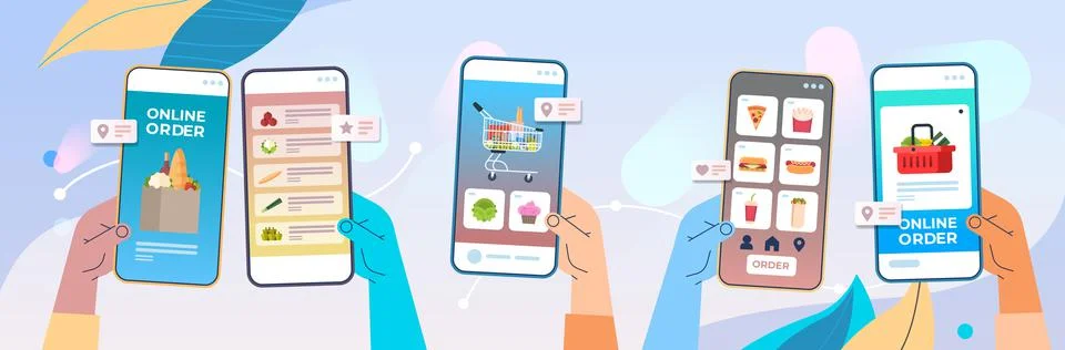 Human hands using mobile app for ordering groceries fast delivery online Stock Illustration