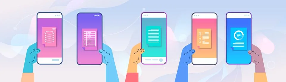 Human hands using mobile app online data statistics remote business control on Stock Illustration