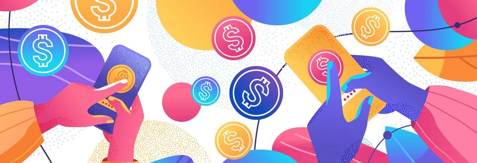 Human hands using mobile app with dollar coins financial banking wealth Stock Illustration