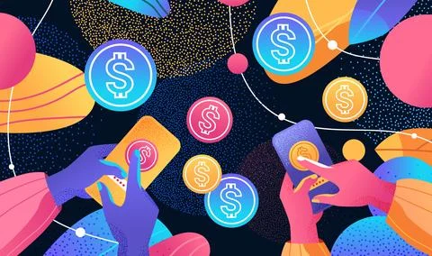 Human hands using mobile app with dollar coins financial banking wealth Stock Illustration