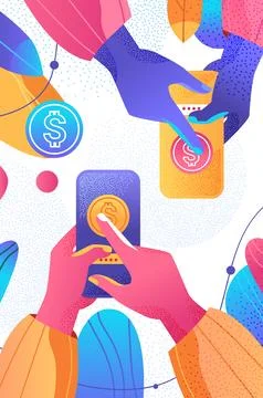 Human hands using mobile app with dollar coins financial banking wealth Ilustración de archivo